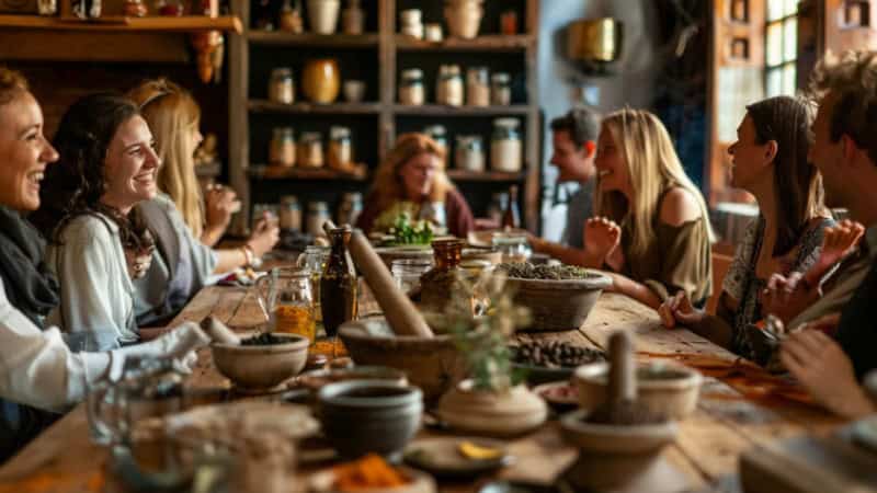 Mehrere Personen unterhalten sich an einem Tisch, der voller Gewürze ist - Gewürze Workshop in Dresden
