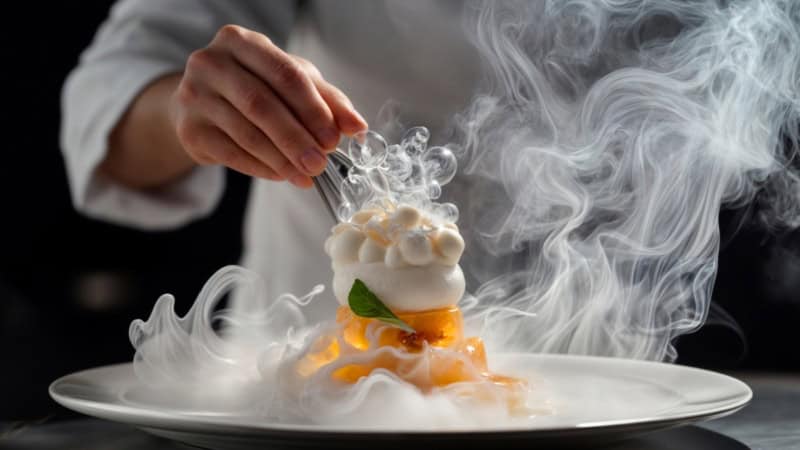 Ein dampfender Nachspeise Turm mit blasen darauf.