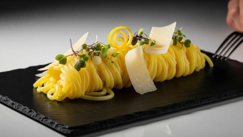 Schön angerichtete Spagetti auf einer Steinplatte.