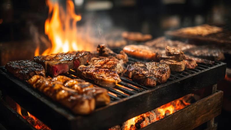 Ein Kohle Grill auf dem verschiedenes Fleisch brät.