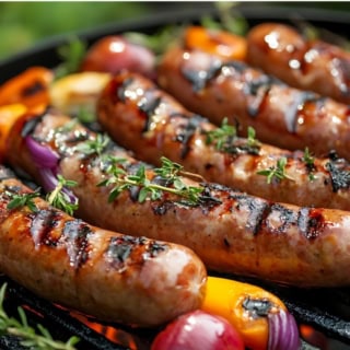 Fünf Bratwürste liegen in einer Reihe auf einem Grill zwischen Grillgemüse.