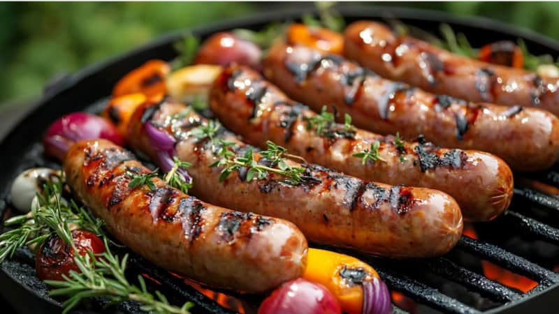 Fünf Bratwürste liegen in einer Reihe auf einem Grill zwischen Grillgemüse.