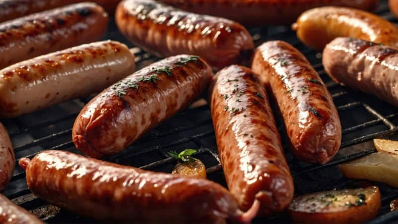 Bratwürste die auf einem Grill liegen.