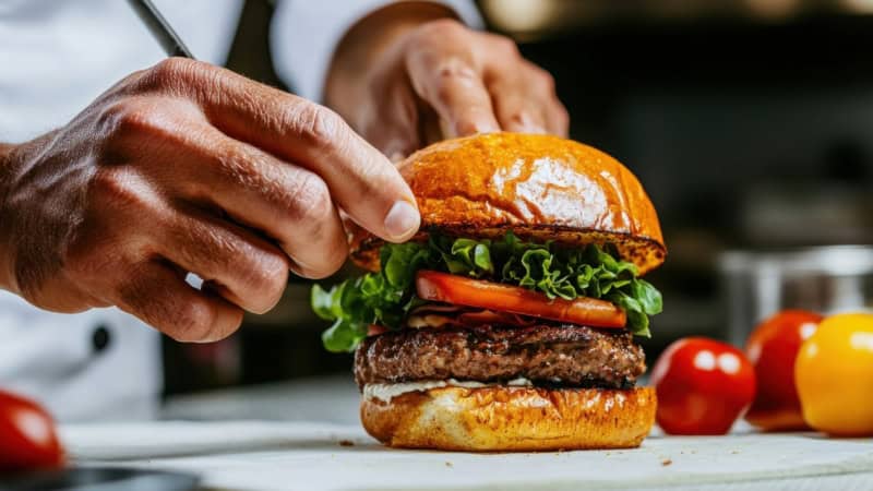Das obere Burgerbrot wird auf den Burger gesetzt.