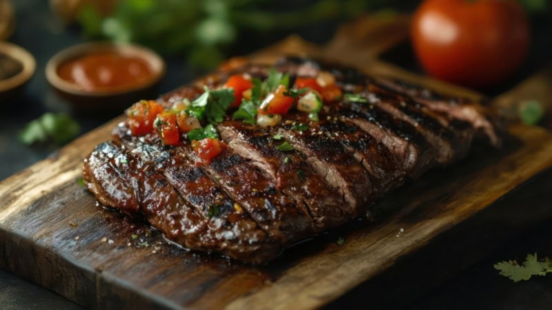 Ein gebratenes Steak auf einer Holzplatte welches in Scheiben geschnitten wurde.