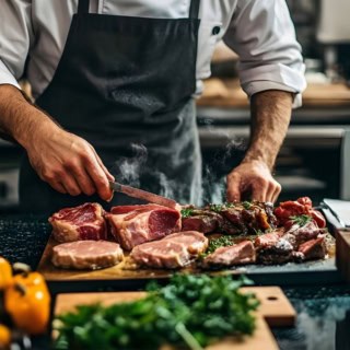 Ein Koch schneidet Steak auf einer Holzplatte in Scheiben.