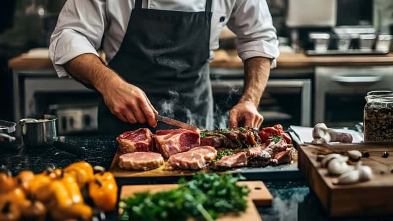 Ein Koch schneidet Steak auf einer Holzplatte in Scheiben.