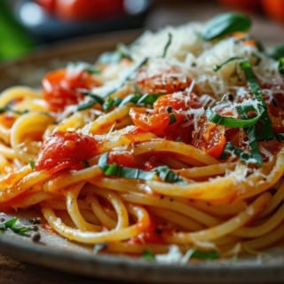 Ein italienisches Pasta Gericht mit Tomaten und Parmesan.