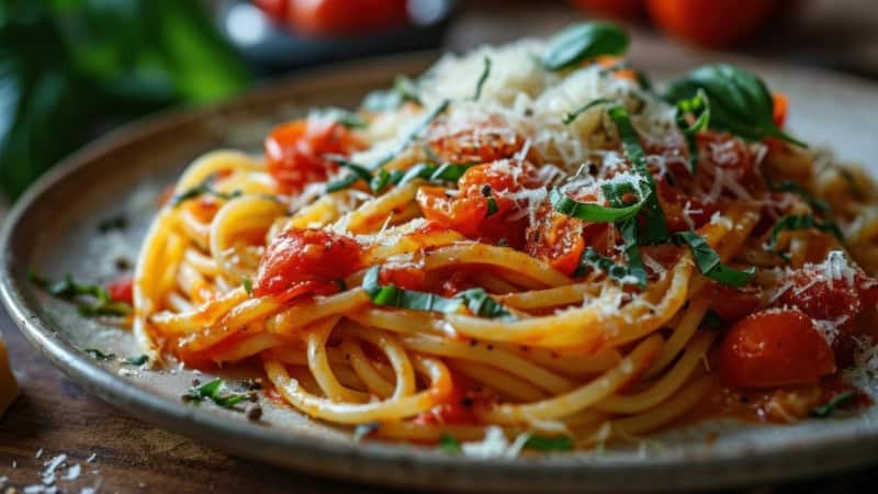 Ein italienisches Pasta Gericht mit Tomaten und Parmesan.