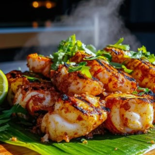 Gebratene Meeresfrüchte auf Blättern serviert.