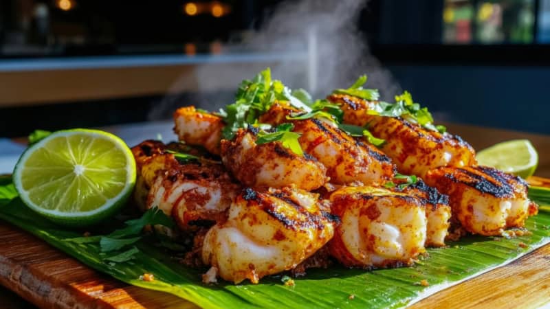 Gebratene Meeresfrüchte auf Blättern serviert.