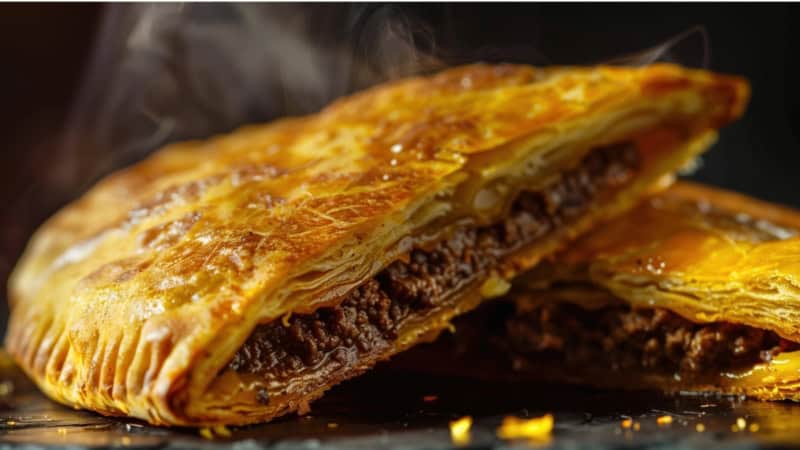 Ein aufgeschnittenes Blätterteig Gericht mit Fleischfüllung.