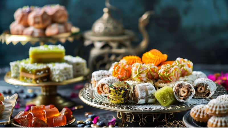 Verschiedene bunte orientalische Desserts auf Platten angerichtet.