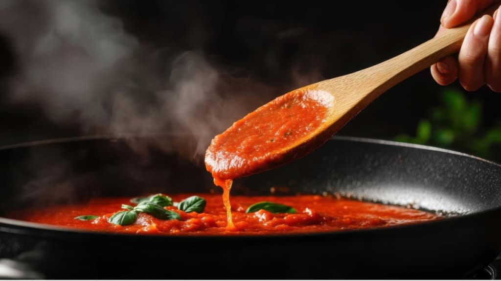 Kochkurs-soßen-zubereiten Eine Tomatensoße die in einer Pfanne zubereitet wird.