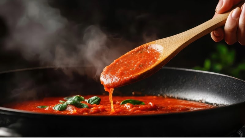 Eine Tomatensoße die in einer Pfanne zubereitet wird.