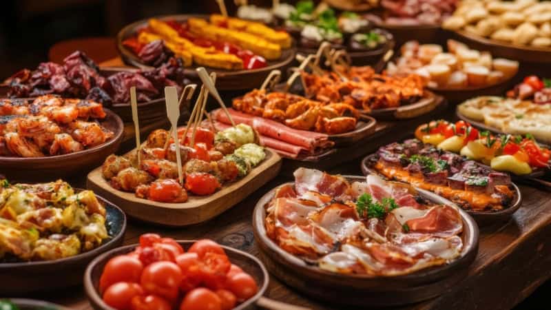 Sehr viele verschiedene Tapas die alle zusammen auf einem Tisch stehen.