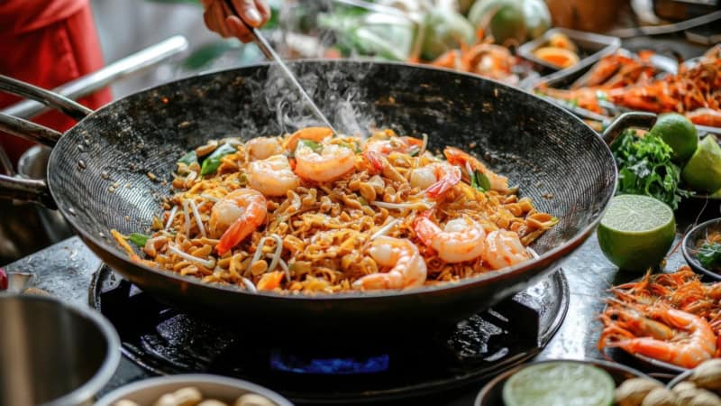 Ein thailändisches Nudelgericht, welches mit Meeresfrüchten in einem Wok angebraten wird.