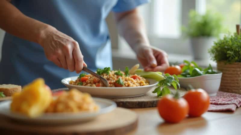 Ein vegetarisches Hülsenfrüchte Gericht wird auf einem Teller umgerührt.
