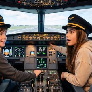 zwei Kinder mit Pilotenmützen im Cockpit eines Flugsimulators in Frankfurt