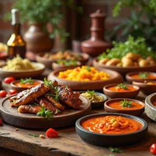 Indische Fleischspielen und Beilagen sind auf einem Tisch aufgetischt.