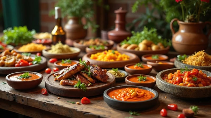 Indische Fleischspielen und Beilagen sind auf einem Tisch aufgetischt.