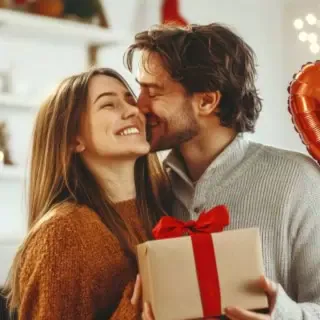 Ein Paar freut sich zusammen über ein Weihnachtsgeschenk.