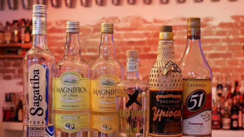 Eine Reihe von Chachaca-Flaschen steht auf einem Bartresen in einer bunt beleuchteten Bar in Frankfurt.