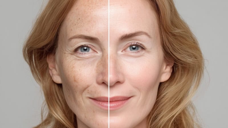 Vorher und Nachher Bild einer Frau bei der Hautanalyse mit Kosmetikbehandlung.