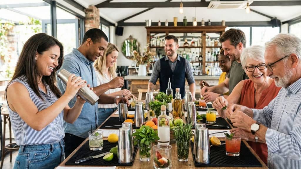 Teilnehmer eines Kurses fürs Cocktailmixen stehen beisammen und mischen die Zutaten für ihre Cocktails