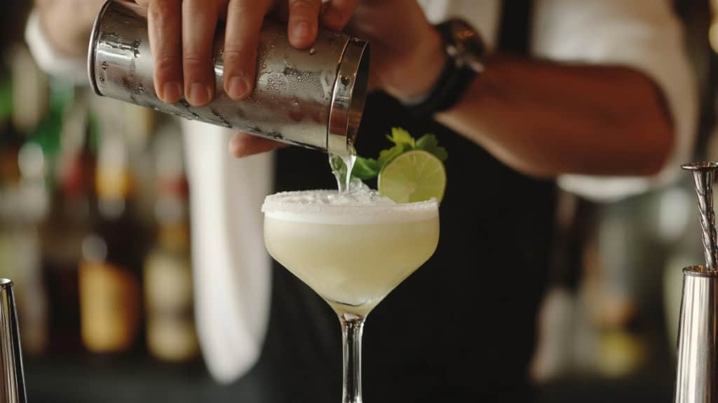 Cocktail wird aus einem Shaker in ein Glas mit Garnitur eingefüllt