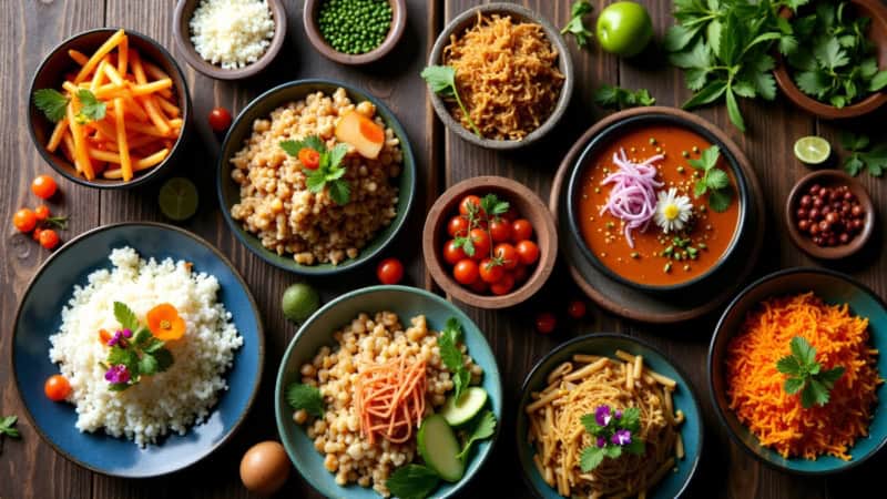 Südamerikanische Gerichte auf Tellern und kleinen Schalen.