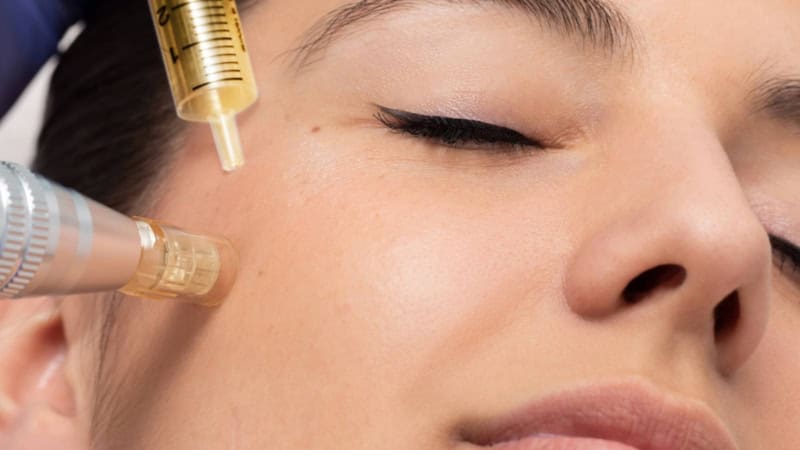 Eine Frau bei der Behandlung mit Hyaluronsäure auf einer Liege.