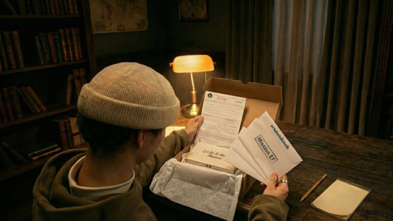 Ein Rätselfan beim auspacken und betrachten des Spannenden Inhalts der Rätselbox.