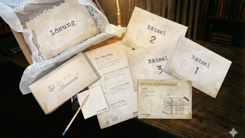 Ansicht auf den Inhalt einer Rätselbox der Erlebnisfabrik.
