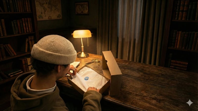 Ein Rätselfan beim Auspacken der Rätselbox an seinem Schreibtisch.