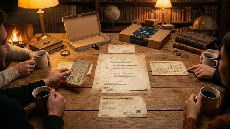 Vier Personen sitzen um einen Tisch herum und versuchen die spannenden Aufgaben der Rätselbox zu lösen.