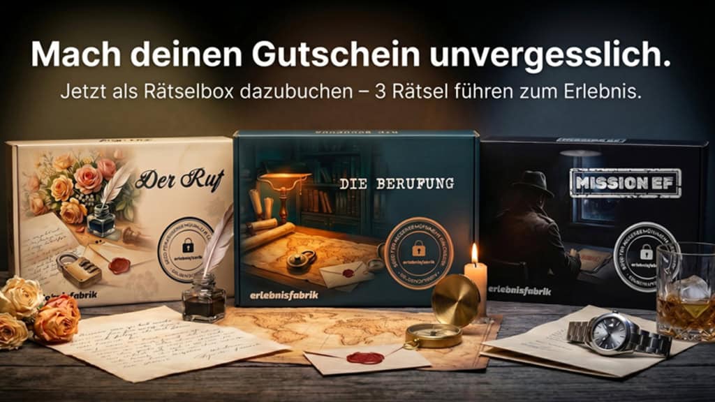 Rätselbox Erlebnisfabrik Drei spannende Rätselboxen von Erlebnisfabrik mit unterschiedlichen Themen für Knobelspaß und Erlebnisgutschein.