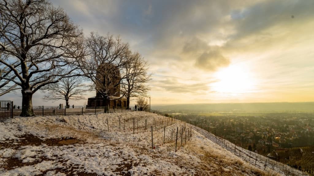 weinbergwanderung_aussicht Ausblick auf einen Aussichtspunkt in verschneiten Weinbergen