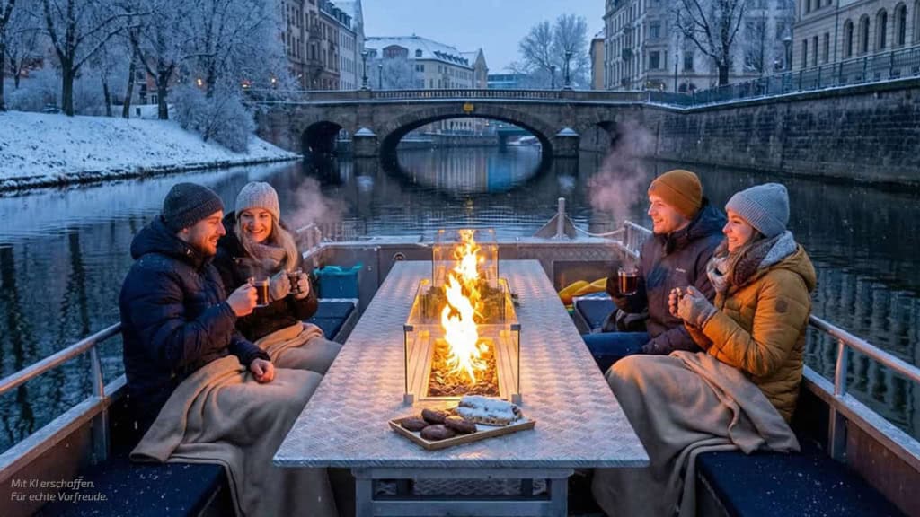 Glühweinfahrt Leipzig mit Kaminboot Gruppe von Personen auf Boot mit Glühwein in der Hand