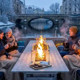 Gruppe von Personen auf Boot mit Glühwein in der Hand