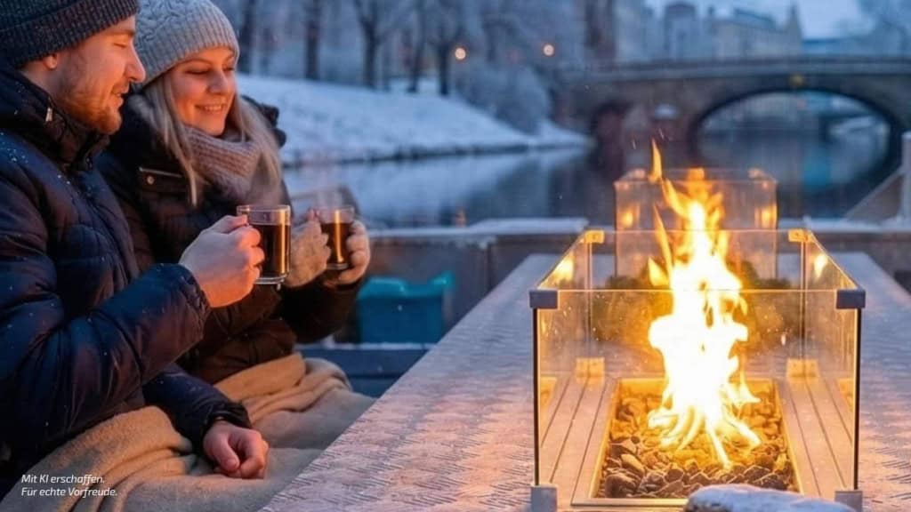Glühweinfahrt Leipzig mit Kaminboot zwei Perosnen am Feuer Zwei Personen vor einem Feuer auf einen Boot mit Glühwein in der Hand