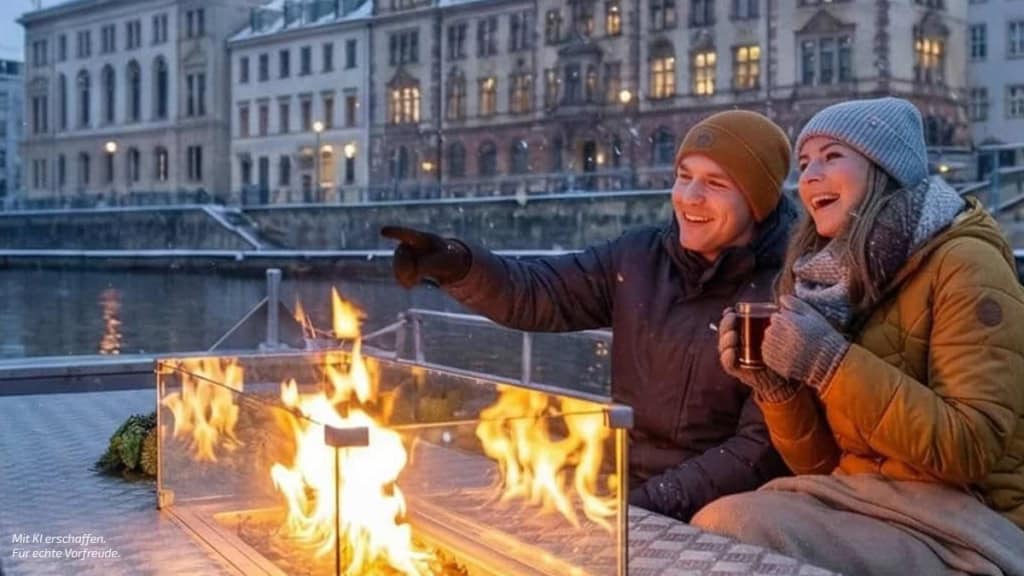 Glühweinfahrt Leipzig mit Kaminboot zwei Personen zwei Personen vor einem Feuer auf Boot mit Glühwein in der Hand