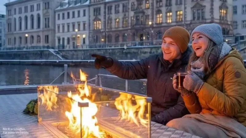 zwei Personen vor einem Feuer auf Boot mit Glühwein in der Hand