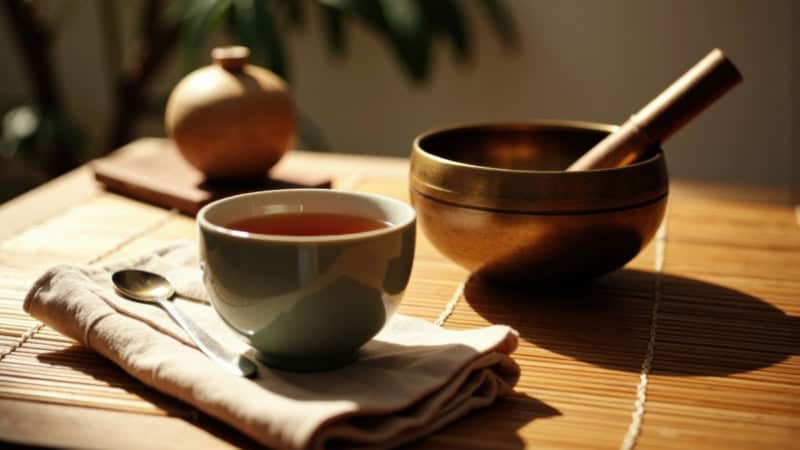Eine Klangschale und Tee die auf einer Bambus matte stehen.