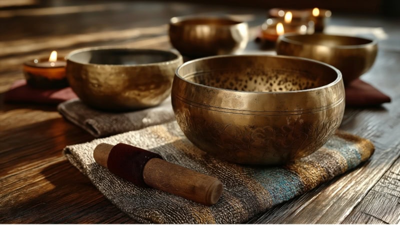 Verschiedene Klangschalen die auf Tüchern hintereinander stehen