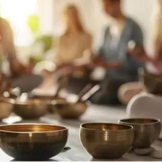 Eine Gruppe von Leuten die im Schneidersitz neben vielen verschiedenen Klangschalen sitzt.