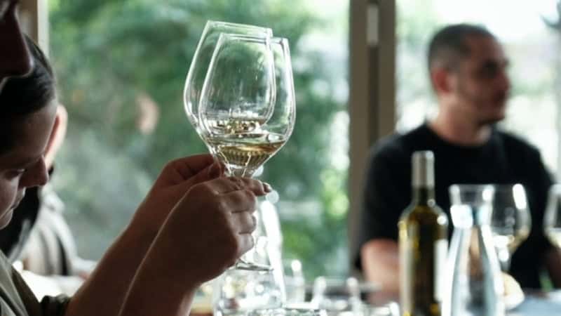 Die Teilnehmer der Gameshow beim Weintasting mit gefüllten Weingläsern.