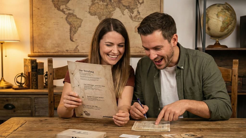 Ein Paar versucht die Rätsel der Erlebnisfabrik zu lösen.