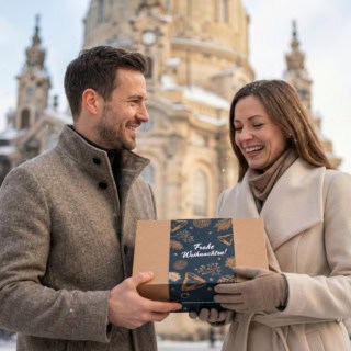 Paar in Dresden vor der Frauenkirche überreicht Geschenkbox