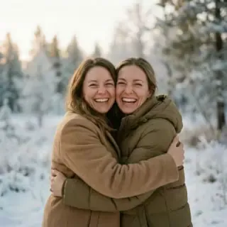 winter-beste-freunde Erlebnisse für beste Freunde. Zwei Freundinnen umarmen sich in einer winterlichen Landschaft.
